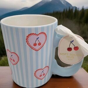 NEW! Cherry Lace Trim Hearts Blue Striped Soft Touch Coffee‎ Mug Sunday Morning